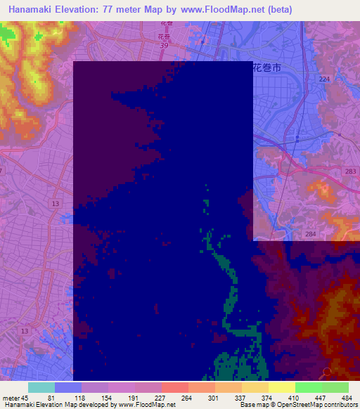 Hanamaki,Japan Elevation Map