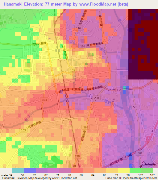 Hanamaki,Japan Elevation Map