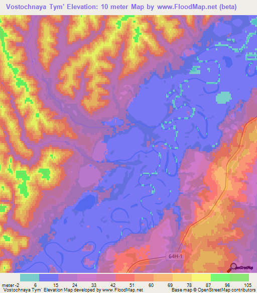 Vostochnaya Tym',Russia Elevation Map