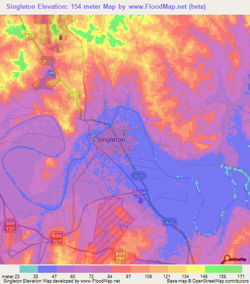 Singleton,Australia Elevation Map