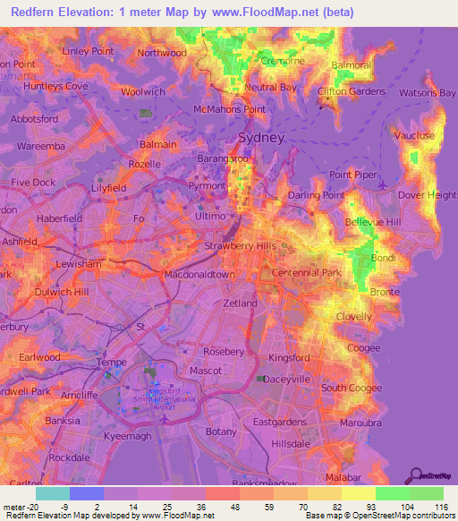 Redfern,Australia Elevation Map