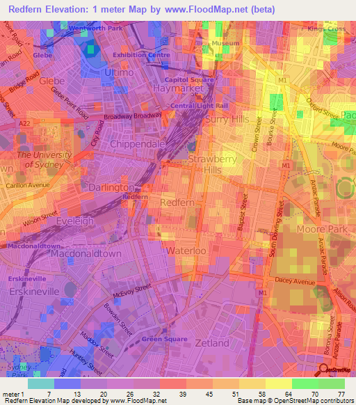 Redfern,Australia Elevation Map