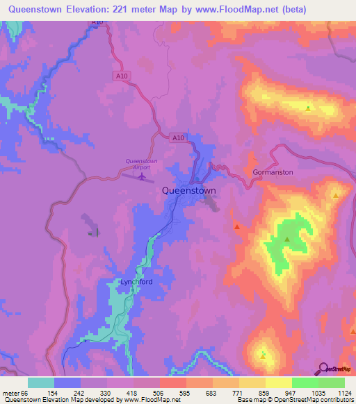 Queenstown,Australia Elevation Map