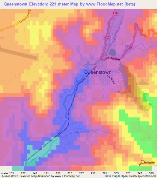 Queenstown,Australia Elevation Map