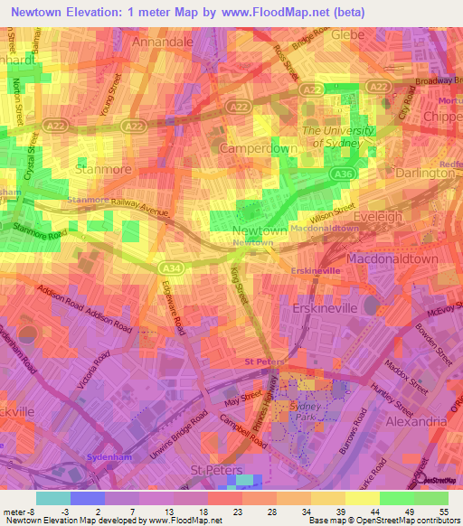 Newtown,Australia Elevation Map