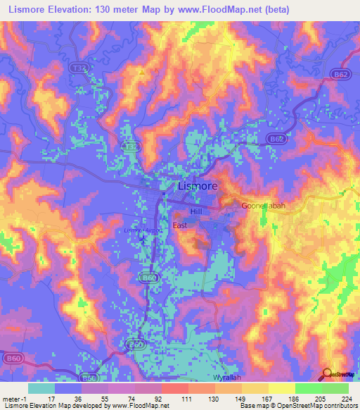 Lismore,Australia Elevation Map