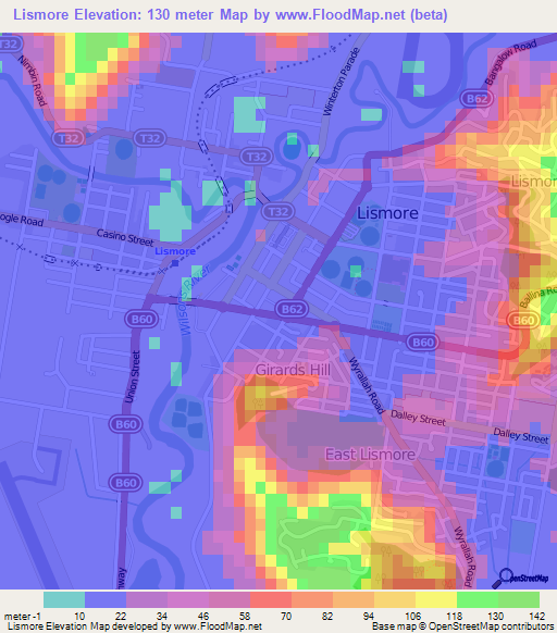 Lismore,Australia Elevation Map