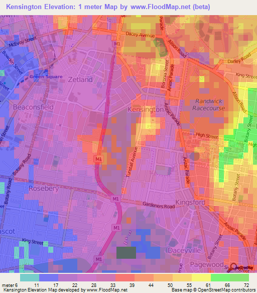 Kensington,Australia Elevation Map