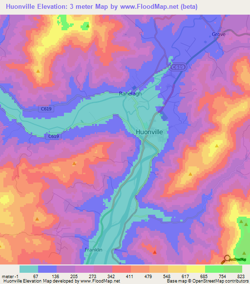 Huonville,Australia Elevation Map