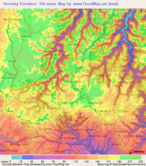 Hornsby,Australia Elevation Map