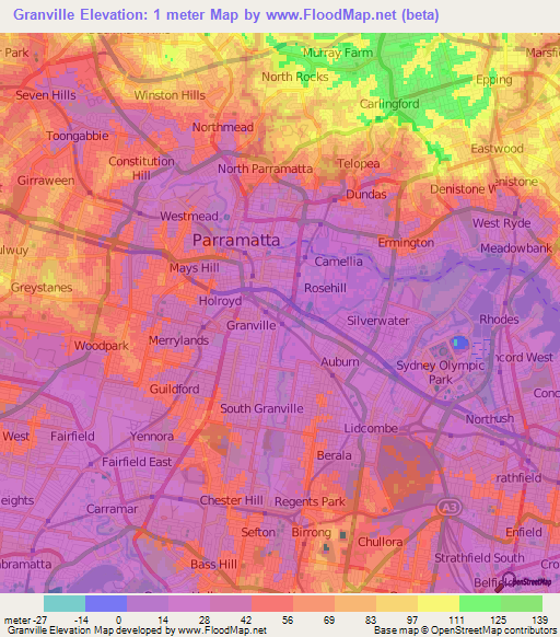 Granville,Australia Elevation Map