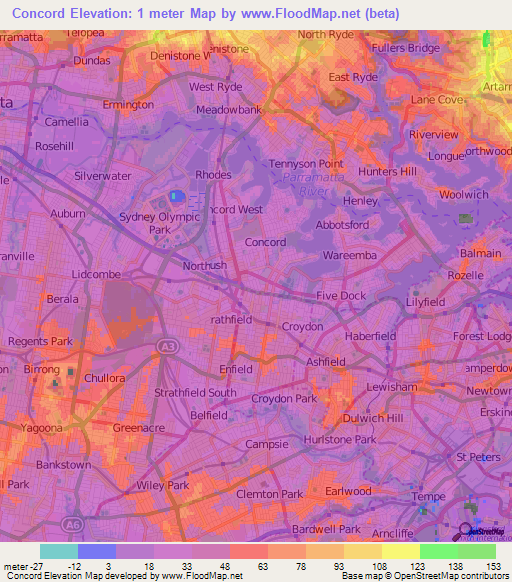 Concord,Australia Elevation Map