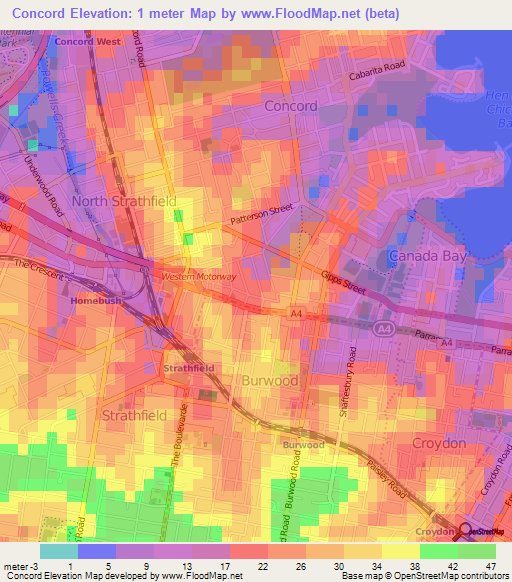 Concord,Australia Elevation Map