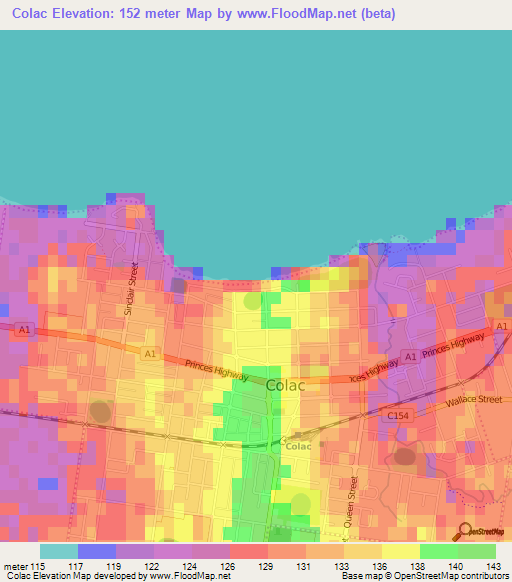 Colac,Australia Elevation Map