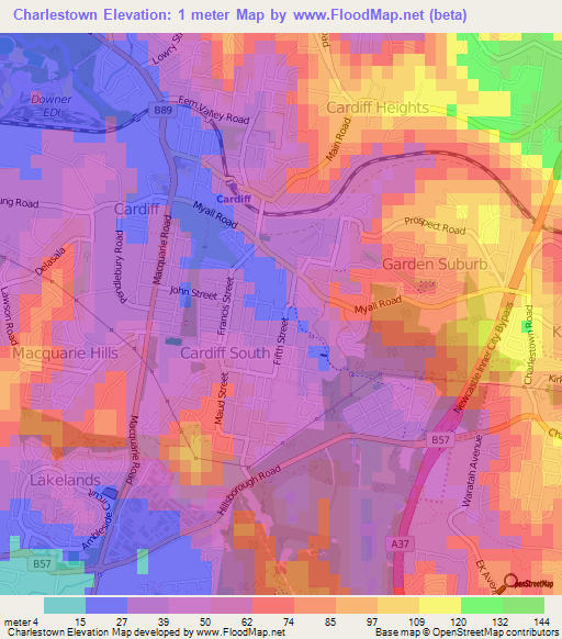 Charlestown,Australia Elevation Map