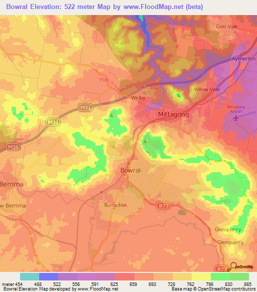 Bowral,Australia Elevation Map