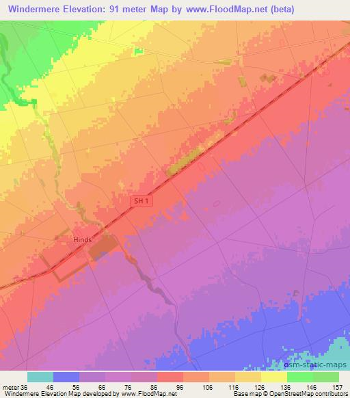 Windermere,New Zealand Elevation Map