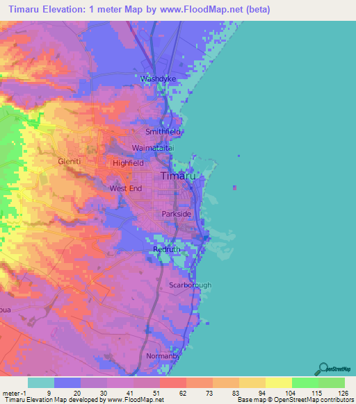 Timaru,New Zealand Elevation Map