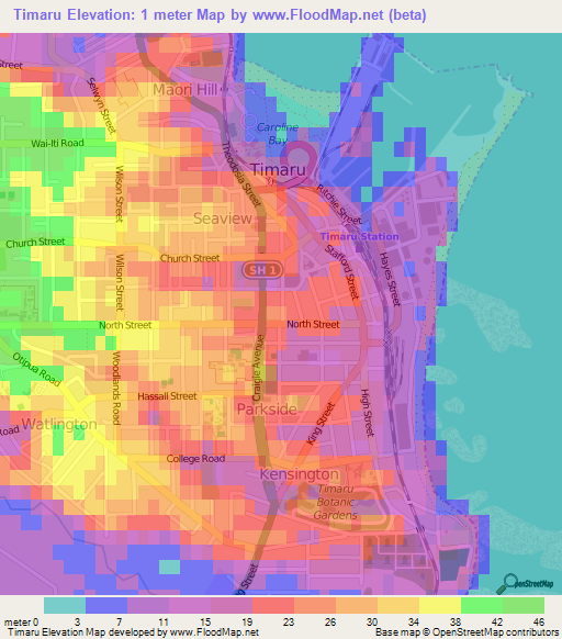 Timaru,New Zealand Elevation Map