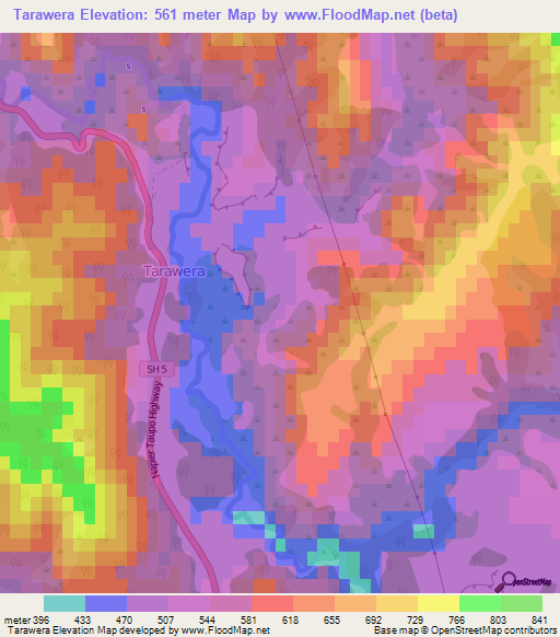 Tarawera,New Zealand Elevation Map