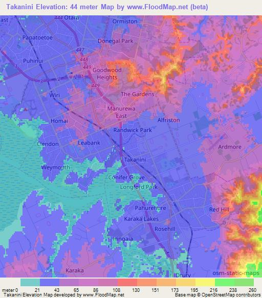 Takanini,New Zealand Elevation Map