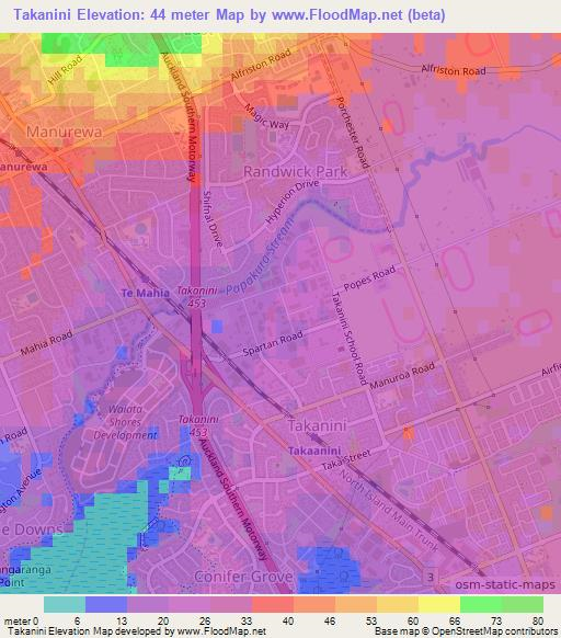 Takanini,New Zealand Elevation Map