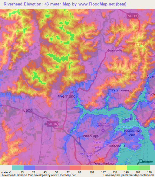 Riverhead,New Zealand Elevation Map