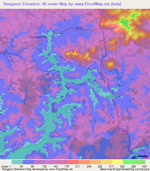 Ranganui,New Zealand Elevation Map