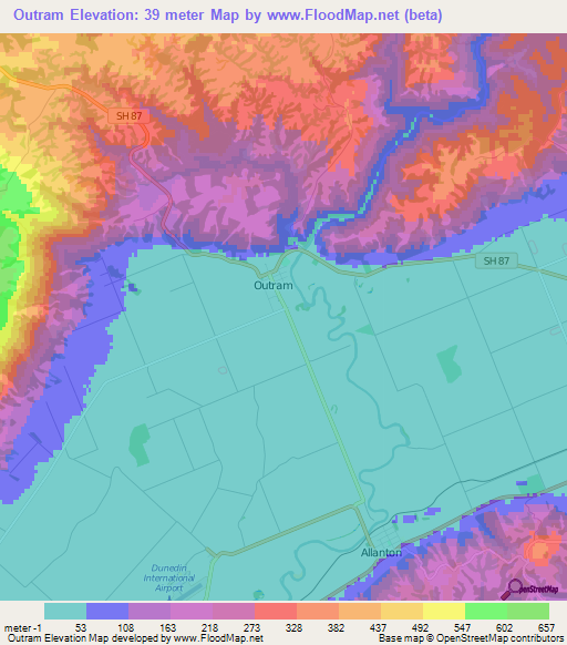 Outram,New Zealand Elevation Map