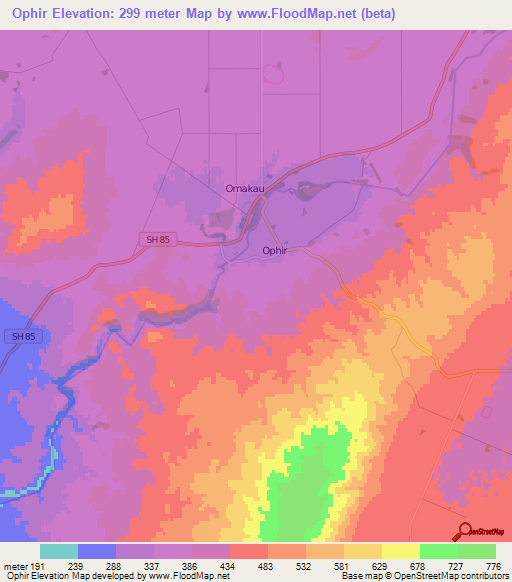 Ophir,New Zealand Elevation Map