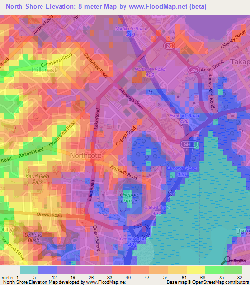 North Shore,New Zealand Elevation Map