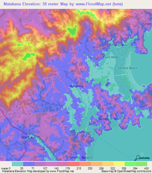 Matakana,New Zealand Elevation Map