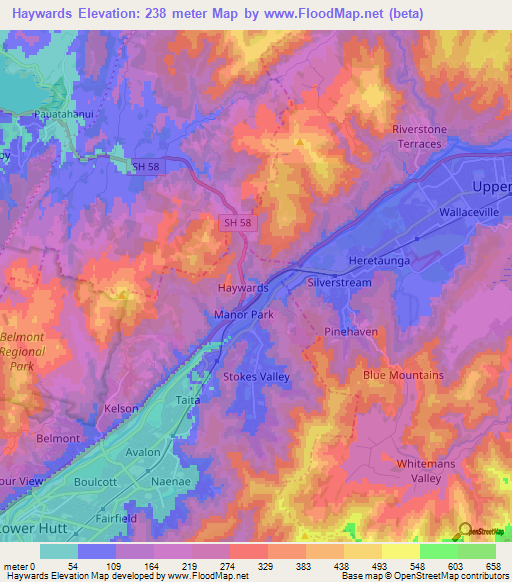 Haywards,New Zealand Elevation Map