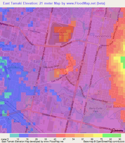 East Tamaki,New Zealand Elevation Map