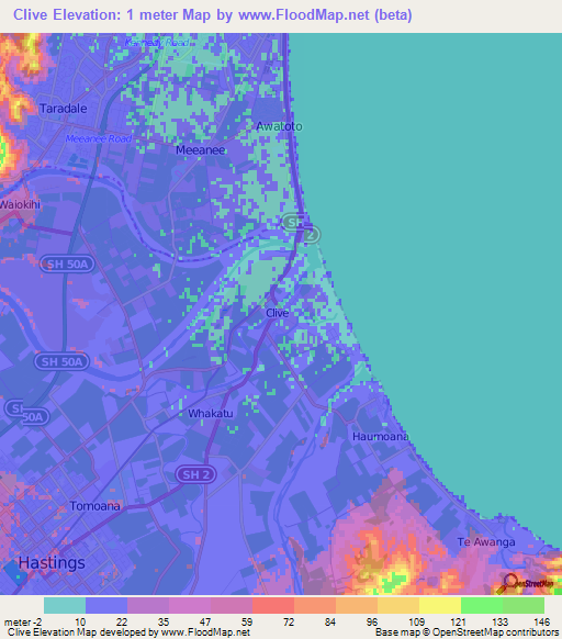 Clive,New Zealand Elevation Map