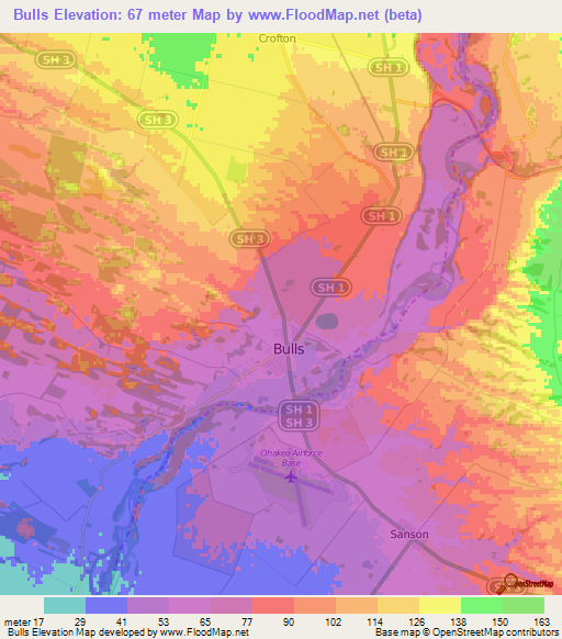 Bulls,New Zealand Elevation Map