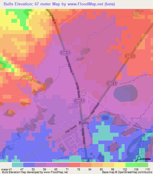 Bulls,New Zealand Elevation Map