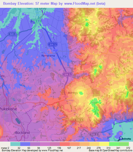 Bombay,New Zealand Elevation Map