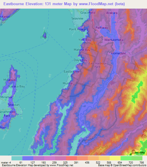 Eastbourne,New Zealand Elevation Map