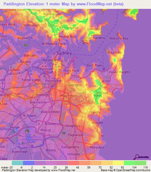 Paddington,Australia Elevation Map