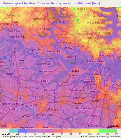 Drummoyne,Australia Elevation Map