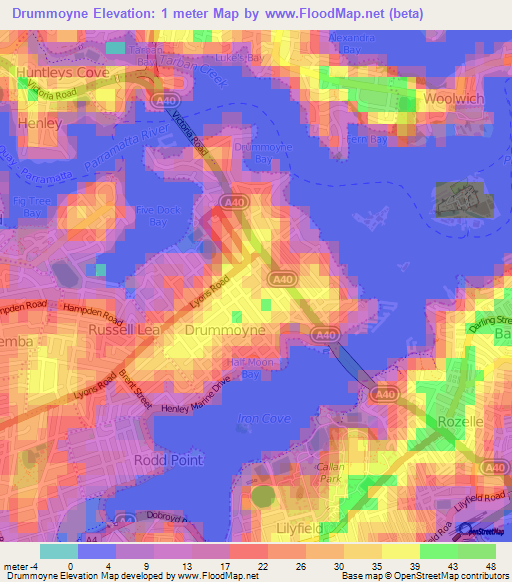 Drummoyne,Australia Elevation Map