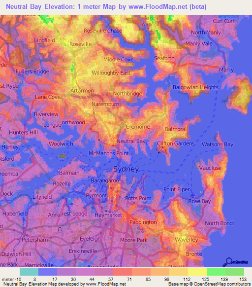 Neutral Bay,Australia Elevation Map