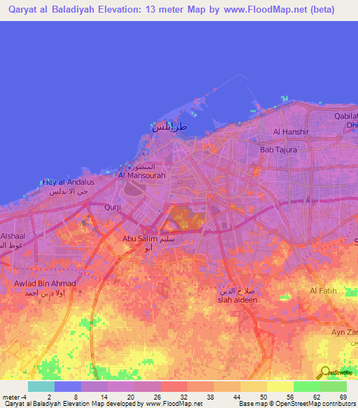 Qaryat al Baladiyah,Libya Elevation Map