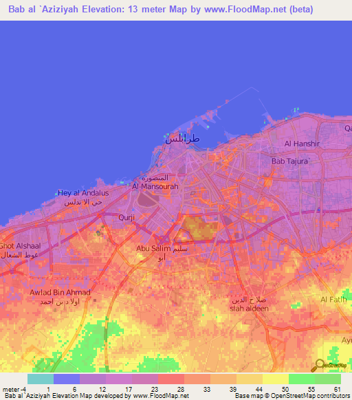 Bab al `Aziziyah,Libya Elevation Map