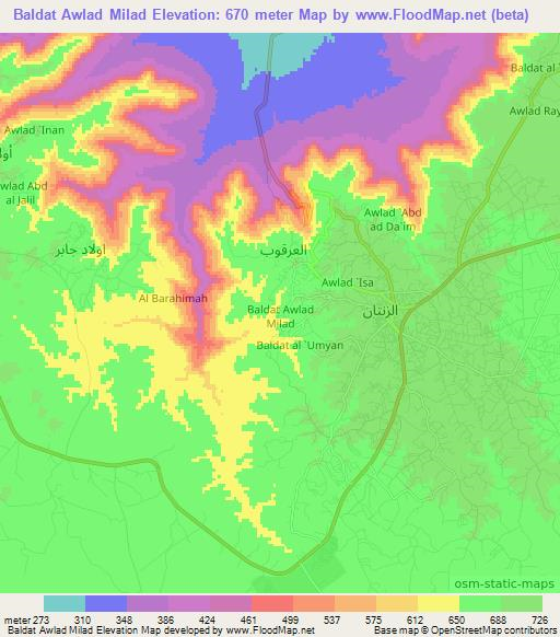 Baldat Awlad Milad,Libya Elevation Map