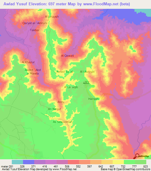 Awlad Yusuf,Libya Elevation Map