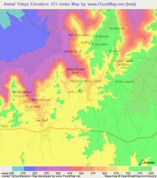 Awlad Yahya,Libya Elevation Map