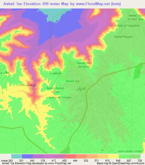 Awlad `Isa,Libya Elevation Map