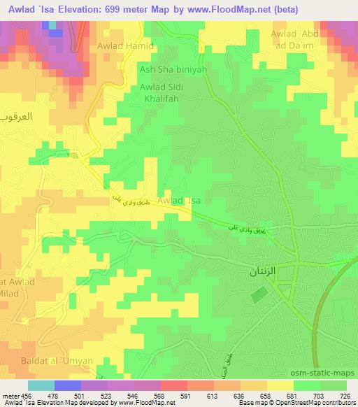 Awlad `Isa,Libya Elevation Map